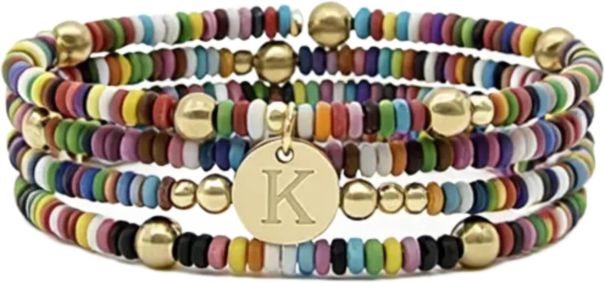 Set of 4 Colorful Bead Initial Bracelets, Personalized Stackable Jewelry, Adjustable Stretchy Charm Bracelets for Women, Beaded Bracelet Set, Trendy Custom Jewelry Gift