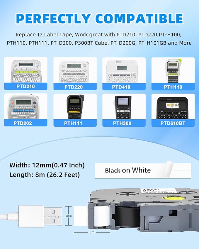 6-Pack Label Maker Tape Replace for TZe231 Tze Tz Tape 12mm 0.47 Inch Laminated White Compatible with Brother P Touch Label Maker PT-D210 PT-D200 PT-D220 PT-H100 PT-H110 PT-D600, Black on White