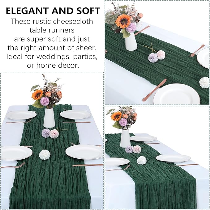 12 Pack Christmas Table Runner Emerald Green Cheesecloth Table Runner 10FT Boho Gauze Fabric 35 x 120 Inch Rustic Runner for Centerpiece Wedding Decor Baby Shower Party Table Decoration