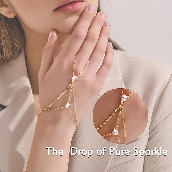 YOIHUR Champagne Gold Plated Hand Chains for Women, Adjustable Hand Chain Bracelet and Ring, Gold Hand Chain Bracelets Stack Jewellery Stars and Cubic Zirconia Hand Jewelry for Valentine's Day