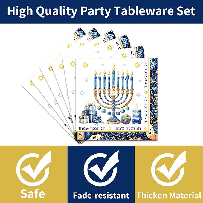 96Pcs Hanukkah Paper Plates Napkins Forks Happy Hanukkah Tableware Set with Menorah and Star of David Jewish Holiday Celebration Theme Party Supplies Serve 24 Guests