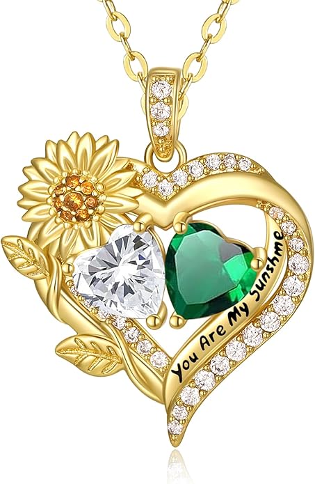 Sunflower Heart Necklace for Women 14K Gold Exquisite Valentines Day Anniversary Birthday Gifts for Wife Mother Her Double Birthstone Pendant Jewelry‘You Are My Sunshine’