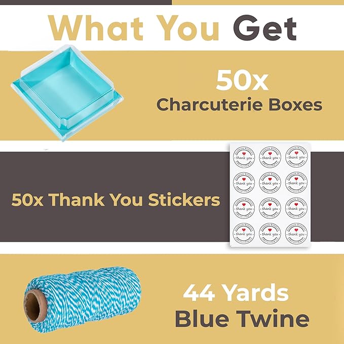 50 Pack Small Charcuterie Boxes with Clear Lids - To Go Paper Mini Charcuterie Box, Disposable Food Containers, 5Inch Dessert Boxes - Sandwich, Cookie, Sushi, Cake Slice, Strawberries (Blue)