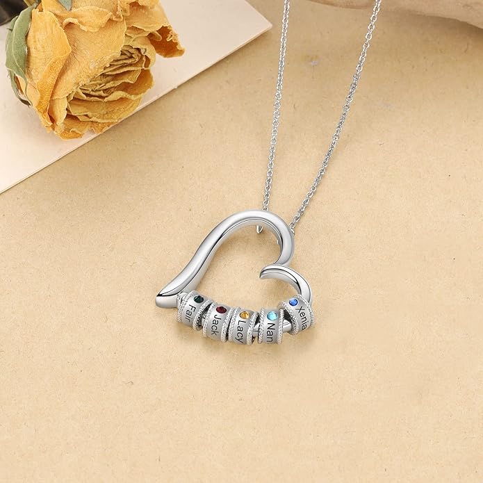 Personalized Women's Pendant Necklace 925 Sterling Silver with 1-5 Simulated Birthstone Names Customized Heart Shape Cubic Zirconia Necklace