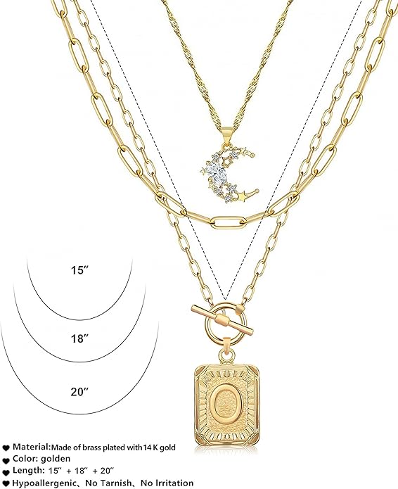 MJartoria Layered Initial Necklaces for Women Trendy, 14K Gold Plated Brass Simple Moon Choker Square Letter Pendant Necklace, Paperclip Chain Necklaces Jewelry Gifts