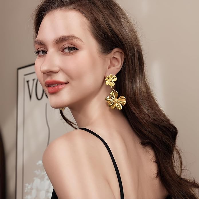 Gold Flower Statement Earrings for Women, Large Chunky Bohomian Summer Beach Floral Earring, Irregular Bold Exaggerated Earrings
