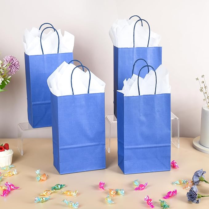 DjinnGlory 100 Pack Small Navy Paper Gift Bags with Handles (Nautic Blue) 9x5.5x3.15 Inch for Boutiques, Weddings, Graduations, Men's Birthdays, Kid's Party Favors