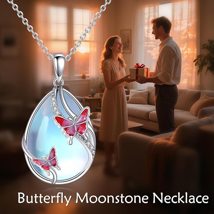 KQF Dragonfly/Butterlfy/Cat/Jellyfish/Bunny/Axolotl/Bee/Mermaid/Hummingbird/Elephant Necklace for Women Sterling Silver Moonstone Pendant Necklace Dragonfly Jewelry Gifts for Women