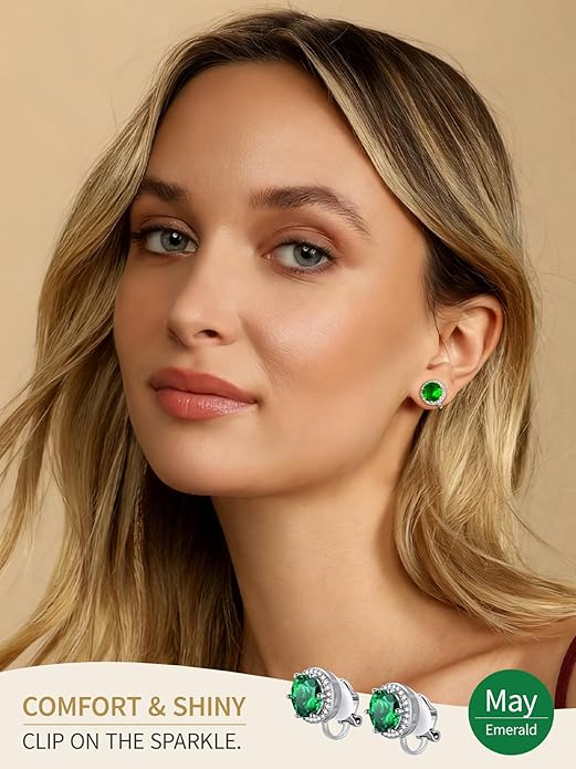 FindChic Sparkling Birthstone Clip On Earrings for Women, Silver Plated Stud Earrings 8MM Cubic Zirconia Non Pierced Studs, 12 Months Birthday Jewelry Gift
