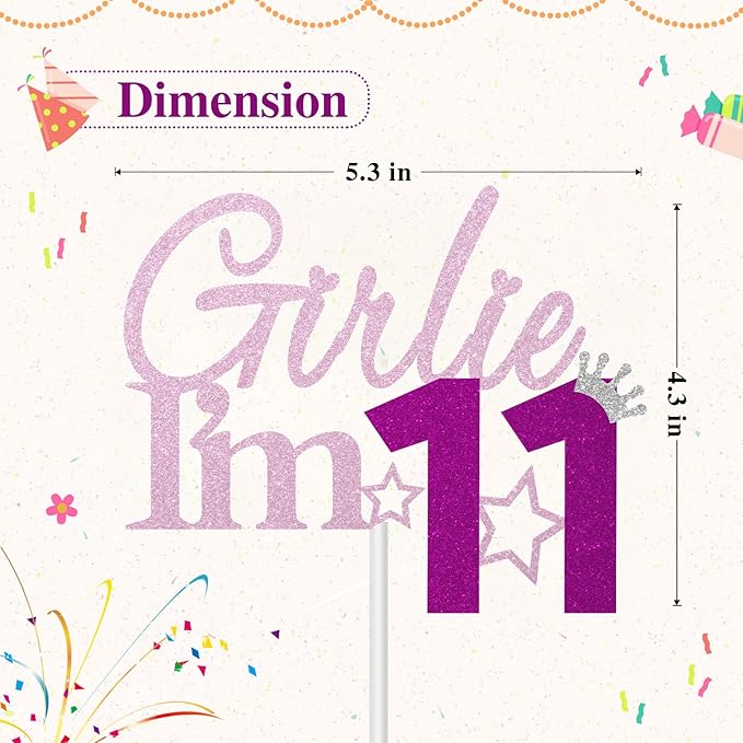 Girlie I'm 11 Cake Topper, 11th Birthday Decorations for Girl, Glitter Funny 11th Birthday Cake Topper, Girlie 11 Year Old Birthday Party Decoration Supplies