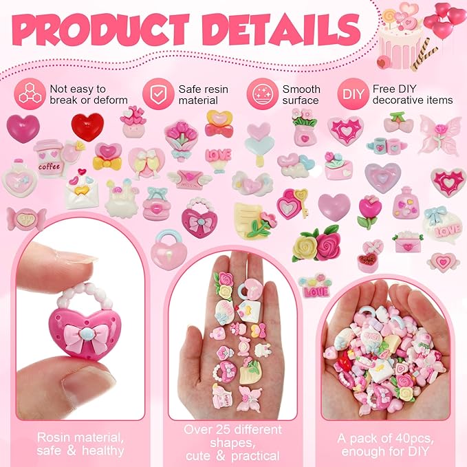 Giegxin 40 Pcs Pink Valentine's Day Resin Charm Love Heart Roses Bow Balloons Flatback Cabochon Accessories Cute Embellishment Bulk for Jewelry Cellphone Case Scrapbooking DIY