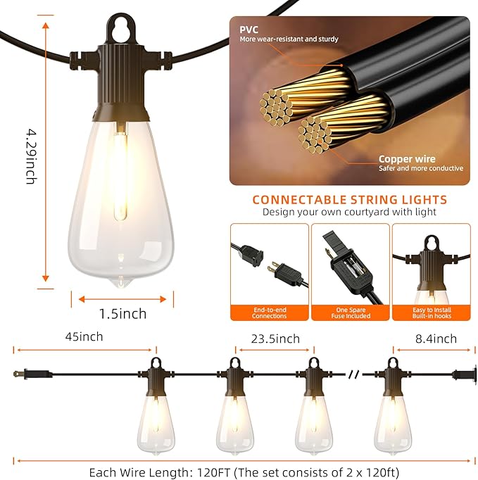 Kawaya 240FT String Lights for Outdoor Patio Waterproof LED Outside Lighting Commercial Grade 120+4 Bulbs Shatterproof Vintage String Lights for Outside Yard Balcony Bistro Porch Gazebo (120FTx2)
