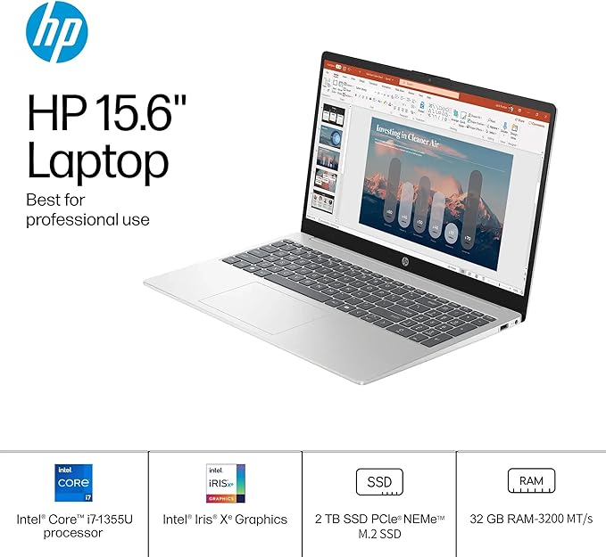 HP 15.6 Touchscreen Laptop Computer for Business, Intel 13th Gen i7-1355U(Up to 5.0 GHz), 15.6" FHD Touch Screen, 32 GB RAM, 2 TB SSD, Iris Xe GPU, Wi-Fi 6, HD Webcam, Windows 11 Pro, w/Accessories
