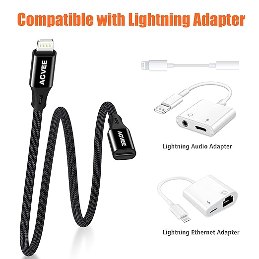 AGVEE 2 Pack 6.6ft Lightning Extension Cable, Braided Female to Male Extender Full Function Cord Compatible with iPhone iPad, Data Sync Video Audio & Charging Connector Adapter, Black