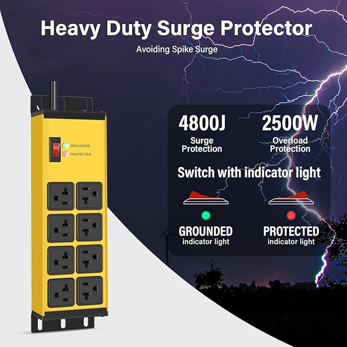 CCCEI Yellow Heavy Duty Power Strip Surge Protector 20 AMP, 8 Outlets 12 Gauge Industrial Shop Garage Metal Multiple Outlets, 25 FT Extension Cord 5-15P Adapter High Amp 6-20R T-Slot 20a for Appliance