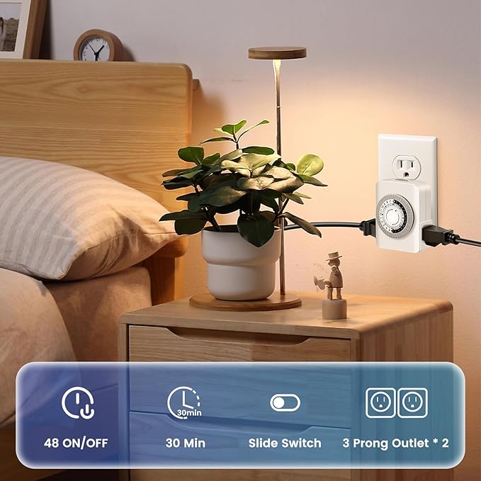 Timers for Electrical Outlets Indoor, AaiVrylliz 3-Prong Dual Outlet Timer,24-Hour 30 Minute Daily On/Off Cycle, Plug-in Mechanical Timers for Christmas Lights, Lamps, Grow Light