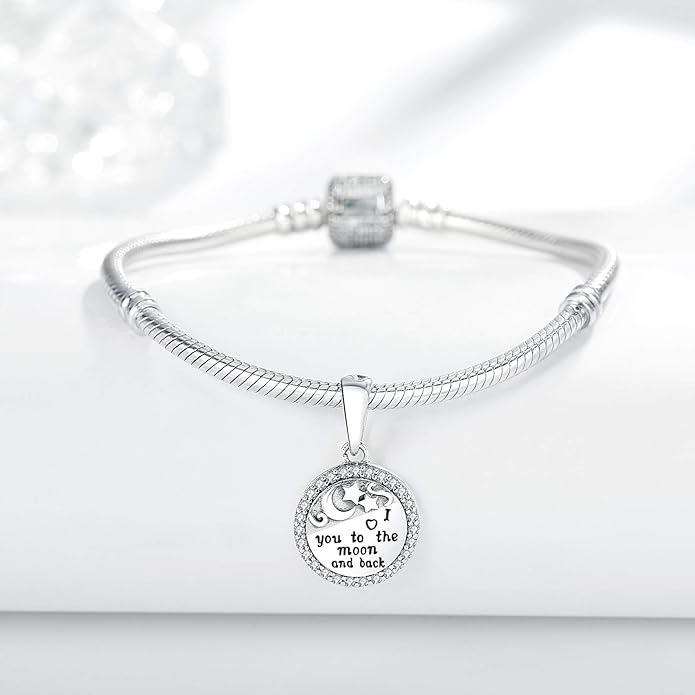 925 Sterling Silver Charms Fit Pandora Charms Bracelet I Love You to The Moon and Back Fit Wife Mom Christmas Birthday Gift