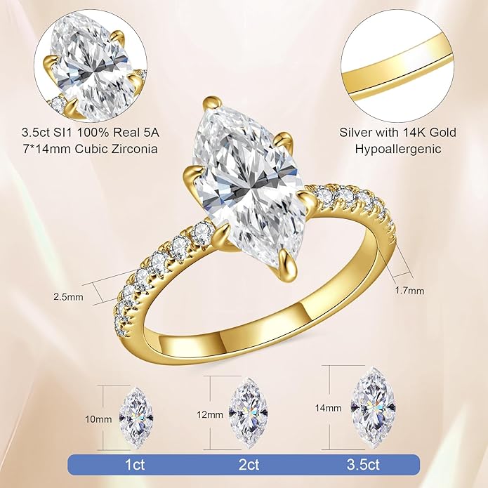 3.5CT Marquise Cut Engagement Ring for Women, Wedding Promise Cubic Zirconia Band, 14K Gold Plated Bridal Half Eternity Simulated Diamond Rings for Anniversary, Size 5-9