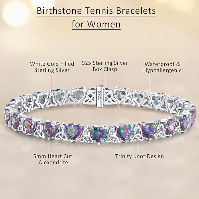 Birthstone Tennis Bracelets for Women, 925 Sterling Silver Heart Shaped Celtic Trinity Knot, 7 Inch Charm Trendy Hypoallergenic Anniversary Birthday Gifts for Her