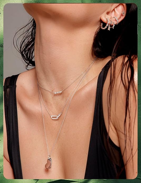 14K Gold & Sterling Silver Plated Pendant Necklaces for Women - Dainty CZ Paperclip Choker, Simple Oval Interlock Necklace, Trendy Cute Jewelry