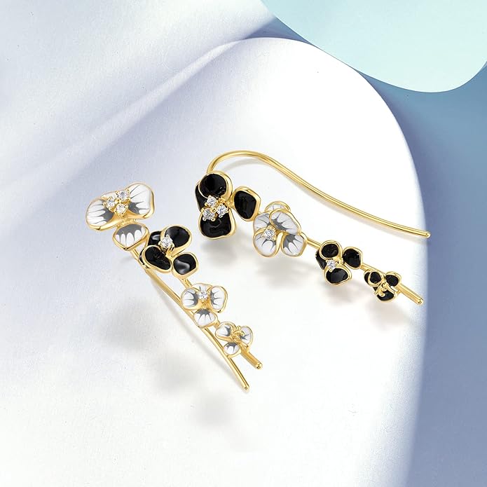Santuzza 925 Sterling Silver Enamel Flower Ear Cuffs Climber Earrings for Women