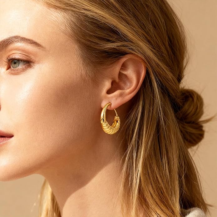 6 Pairs Gold Hoop Earrings Set for Women, 14K Gold Plated Huggie Chunky Earring Variety Pack, Hypoallergenic Thick Jewelry Gift