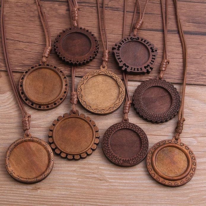 ToBeIT Bezel Pendant Trays Round Wooden and Glass Cabochon Round Clear Dome for DIY Crafting Photo Jewelry Making