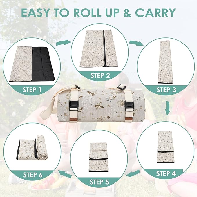 Large Picnic Blanket, Beach Mat Sand Free Washable, Waterproof Camping Emergency Blankets, Picnic Baskets Accessories with Waterproof Backing and Shoulder Strap - WhiteKapok