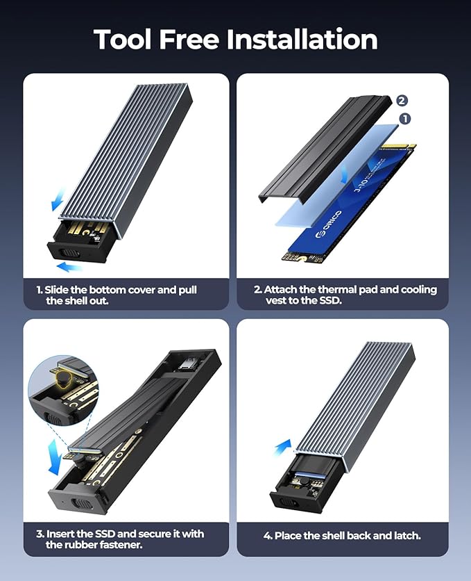 ORICO M.2 NVMe SSD Enclosure Aluminum Tool-Free Adapter, 10Gbps USB3.2 USB-C M2 Reader for M.2 PCIe NVMe M-Key 2230/2242/2260/2280 SSD, Thunderbolt 3 Compatible, External Case Support UASP Trim-BM2G2