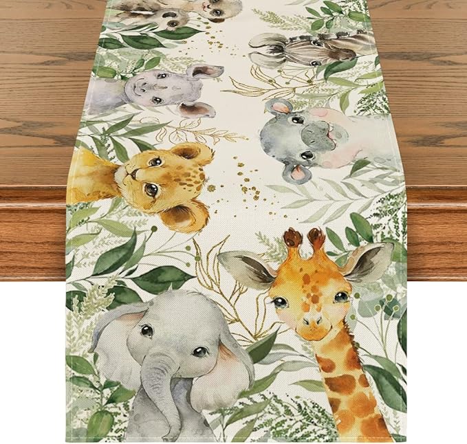 Artoid Mode Animals Elephant Giraffe BabyShower Table Runner, Seasonal Spring Summer Kitchen Dining Table for Home Party Decor 13x72 Inch