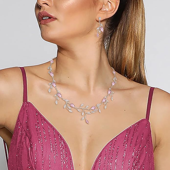 EVER FAITH Wedding Jewelry for Bride Women Bridesmaid, Sparkly Cubic Zirconia Pear-Shaped Birthstone Leaf Necklace Earrings Set for Prom