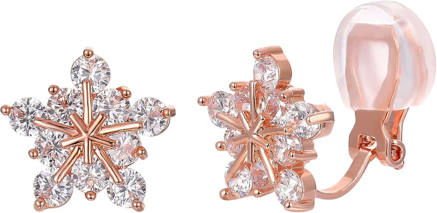 SELOVO Snowflake Flower Zircon Cubic Zirconia Clip on Stud Earrings for Women