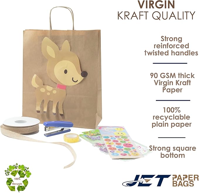 JET PAPER BAGS - 10”x5”x10” Inch [250 Pcs] Brown Paper Bags with Handles Prime for Takeout, Grocery, Goody, Retail, Party, Gifts, Weddings