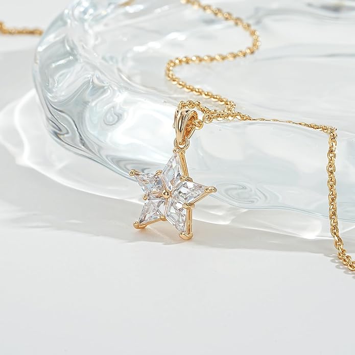 Fettero Christmas Necklace for Women Trendy 14K Gold Plated Dainty Diamond Necklace Charm CZ Clover Star Pendant Necklaces Simple Jewelry Gold Necklace for Women