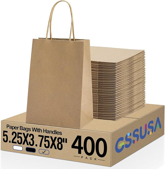 GSSUSA Brown Paper Bags 5.25x3.75x8 400Pcs, Gift Bags with Handles Bulk for Small Business