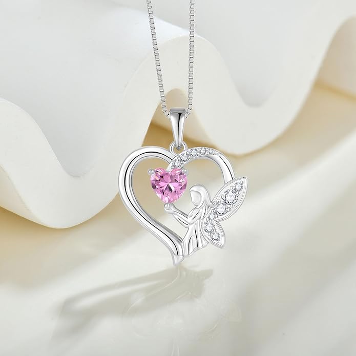 Guardian Angel Necklace 925 Sterling Silver Heart Angel Wings Pendant Birthstone Jewelry for Women