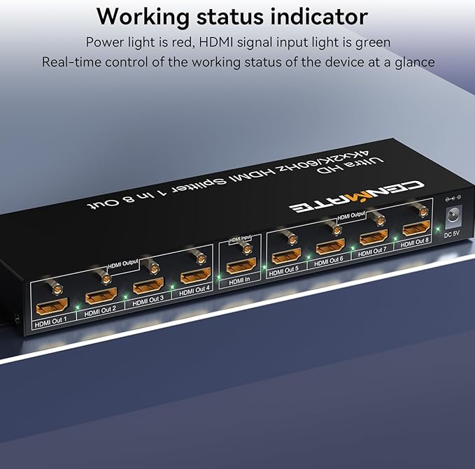 HDMI Splitter 1 in 8 Out, 8 Port HDMI Splitter Support 4K@60Hz 4:4:4 8-bit Duplicate/Mirror, HDMI 2.0, 18 Gbps, EDID, HDCP, 3D Video Play