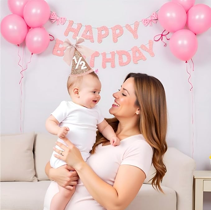 Half Birthday Hat Decorations 2 Set-Sequined Cone 1/2 Hat Happybirthday Banner for 6 Months Baby Girls Bow Birthday Party Decorations, Bow Party Deco(Rose Gold)