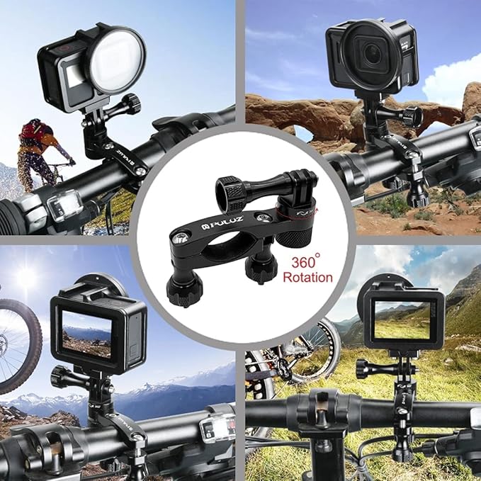 PULUZ Bike Motorcycle Handlebar Mount, 360 Degree Rotation Aluminum Bicycle Moto Camera Mount for GoPro Hero 12 11 10 9 8 7 6 & DJI Osmo Action