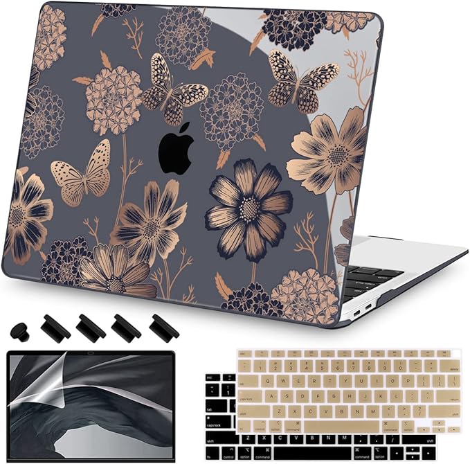 Teryeefi for MacBook Air 13 inch Case 2021 2020 2019 2018 Release (Model A2337 A2179 A1932 Retina Display with Touch ID), Plastic Hard Shell Case & Keyboard Cover for MacBook Air 13 M1, Gold Flowers
