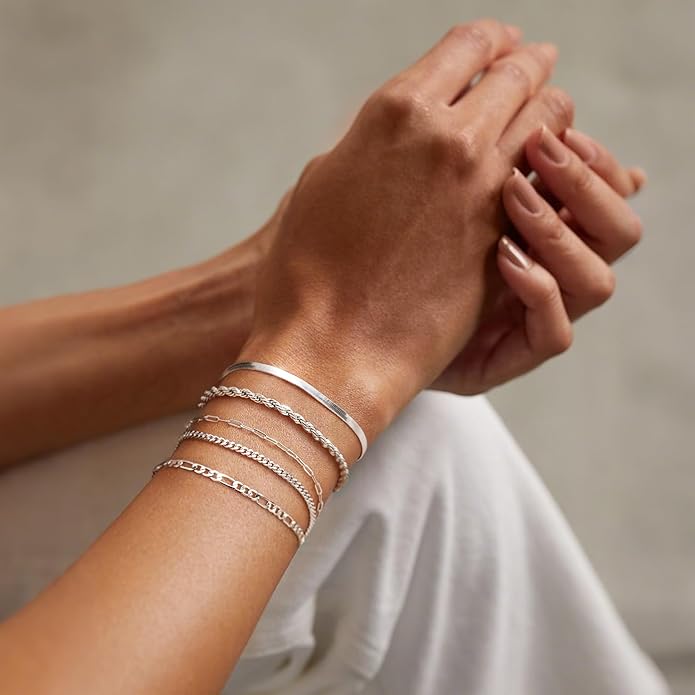 Krfy 5/6Pcs Gold Plated Bracelets for Women Trendy, S925 Plated Silver Bracelet Stack, Non Tarnish Waterproof Bracelets for Women, Paperclip Herringbone Figaro Cuban Twist Chains, Size 6.5''+2''