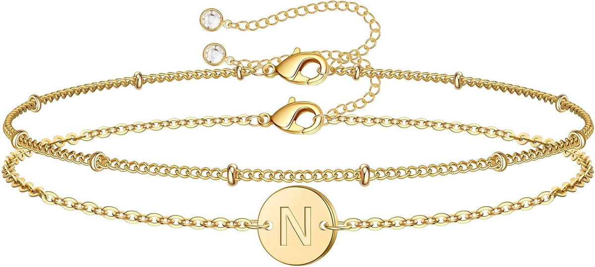 MONOZO Gold Initial Bracelets for Women Girls Valentines Day Gifts - Dainty 14K Gold Plated Layered Beaded Letter Initial Bracelet 26 Alphabet Disc Monogram Charm Bracelet Valentines Day Gifts for Her