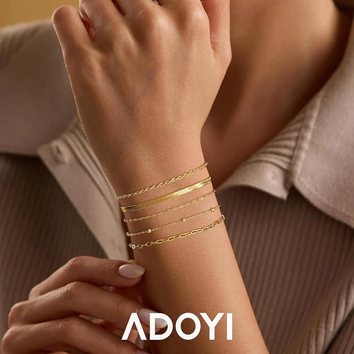adoyi Valentines Day Gifts for Her Gold Bracelets for Women, 14K Gold Plated Stackable Bracelet Stack Set Adjustable Charm Paperclip Chain Cuban Link Layered Waterproof Jewelry Sets Gifts for Womens