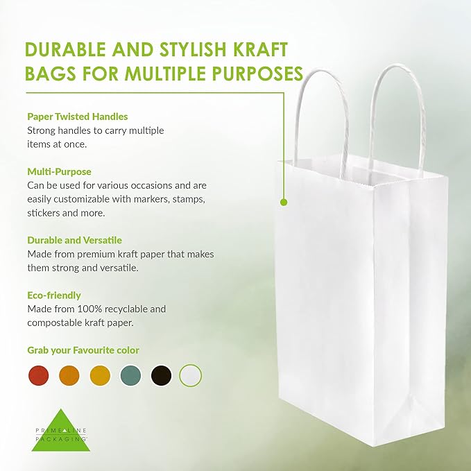 Prime Line Packaging White Paper Bags, Mini Gift Bags with Handles for Small Business, Shopping, Boutique, Merchandise, Party Favors, Bulk, 6x3x9, 100 Pack