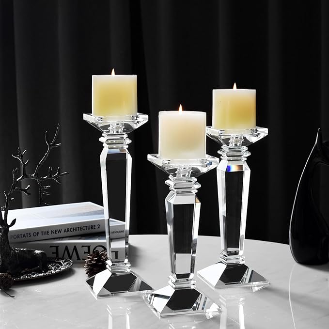 Kitcom Crystal Candlestick Holders Hand Cut Crystal Taper/Pillar Candle Holders, Table Centerpieces for Party Wedding Banquet Decorations Set of 3, Comes with Gift Box(11.6''/10.4''/9.3'' Tall)