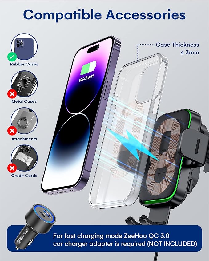 Wireless Car Charger, ZEEHOO DUOXX Dual Coils 15W Fast Charging Auto-Clamping Car Mount, Dashboard, Vent Charging Phone Holder Smart Sensor Cradle for iPhone 15 14 13 12, S23 Ultra, Z Flip4 3, etc