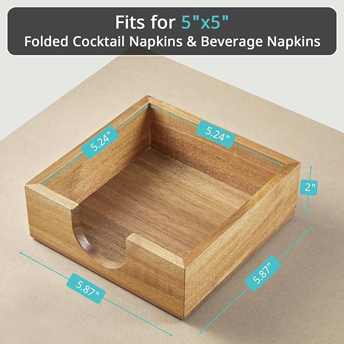 Bivvclaz Acacia Wood Cocktail Napkin Holder, Beverage Napkin Holder for 5 x 5 inch Napkin, Square Paper Napkin Caddy for Bar, Party, Table, Dinner, Kitchen, Bathroom