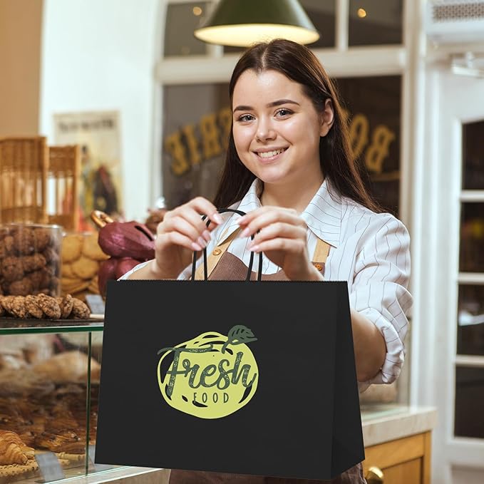 MESHA Large Gift Bags 16x6x12 Inch 50pcs, Black Paper Bags With Handles Bulk,Kraft Shopping Bags Reusable for Small Business,Merchandise,Retail,Grocery,Birthday,Kids Party,Favors