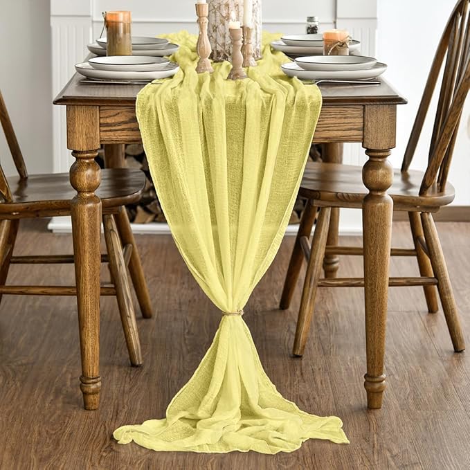 Artoid Mode Boho Light Yellow Gauze Wedding Table Runner, 120 Inch Seasonal Fabric Kitchen Dining Holiday Table Decor for Home Party Indoor
