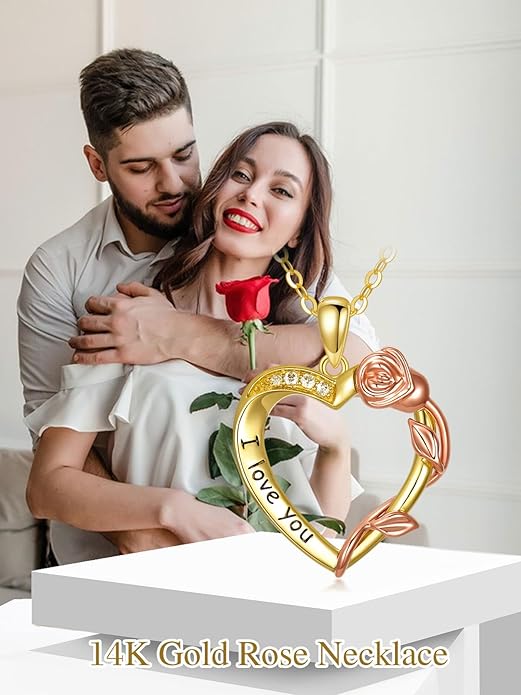 14K Solid Gold Rose Flower/Sunflower Necklaces for Women Flower Heart Pendant Necklace Love Sunshine Jewelry Anniversary Valentine's Day Birthday GiftS for Women Wife Girlfriend Her Mom